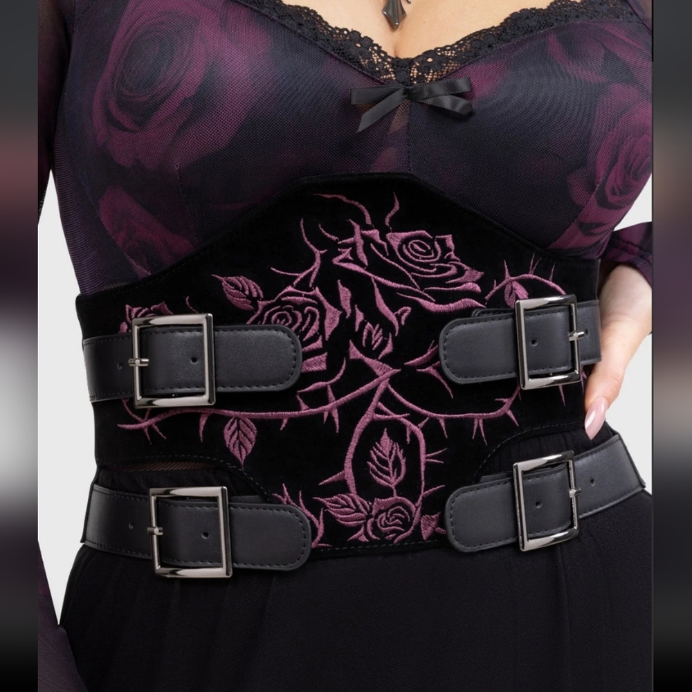 Killstar Black Belt with Pink Rose Embroidery - Picture 2 of 6